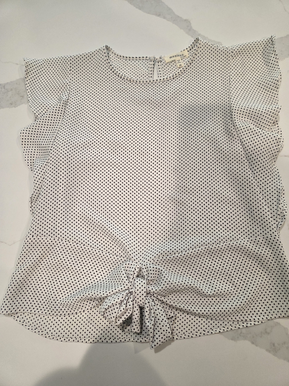 Monteau White Blouse with Black Polka Dots and Front Tie
